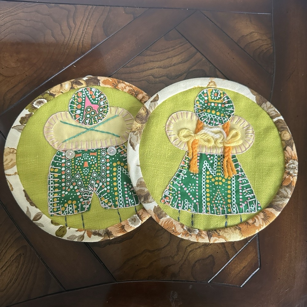 VTG Appliqué Hanging Potholder's  7.5‎ Inch Embroidered Girl Boy Multi Folk Art